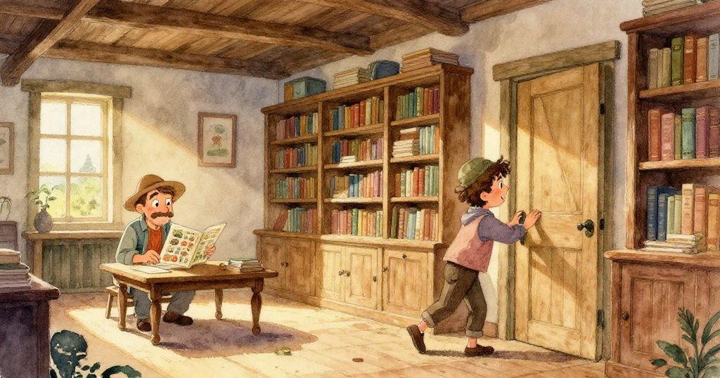 農夫驚呼時他的帽子在飛向空中,陶罐傾倒灑落土壤於地圖上,動作生動,圖書館內情勢緊張。