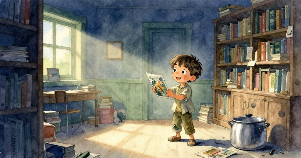 米洛微笑著收回寶貴圖書,穩住陶罐,圖書館恢復寧靜,所有物品歸位,結束了充滿驚奇的一天。