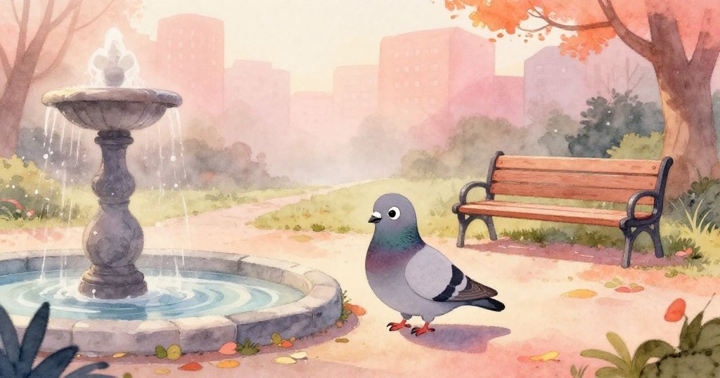 鴿子在晨光中於城市公園跳躍，石製噴泉、木質長椅環繞，表情好奇期待冒險，背景有慢跑者。