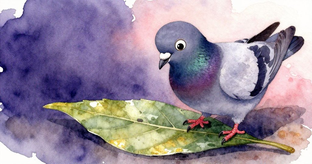 鴿子聚精會神啄食覆蓋在冒險書下的光澤葉片，細緻描繪書皮與葉片紋理，表情堅定，充滿好奇。
