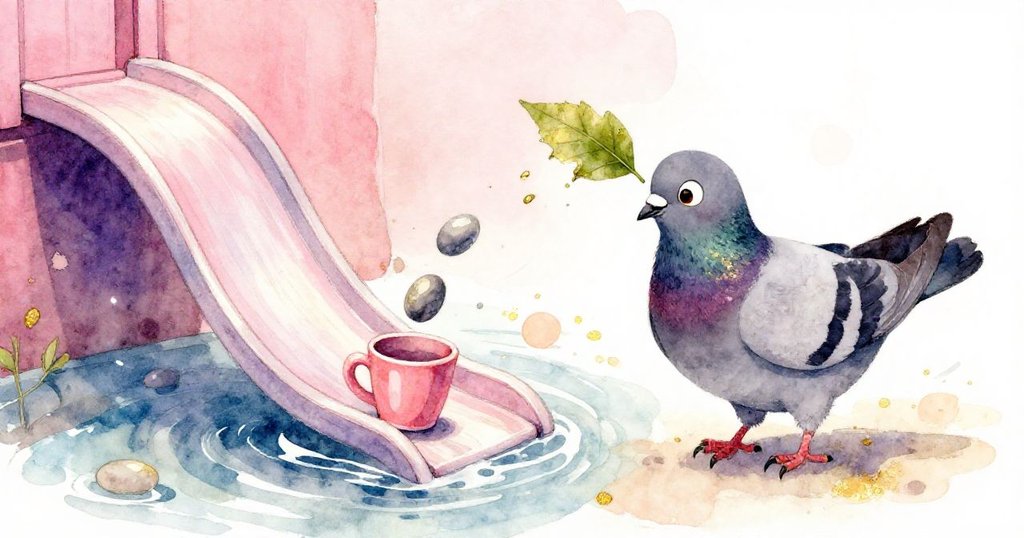 鴿子用力拉扯粘葉，同時冒險書滑動於木椅上，書頁翻飛，卻推動卵石捲動，畫面動感十足。