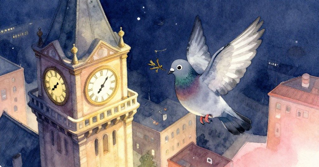 鴿子盤旋接近古老鐘塔，嘴叼幼枝，正準備落在高高安全的 ledge 上，背景充滿歷史氣息。