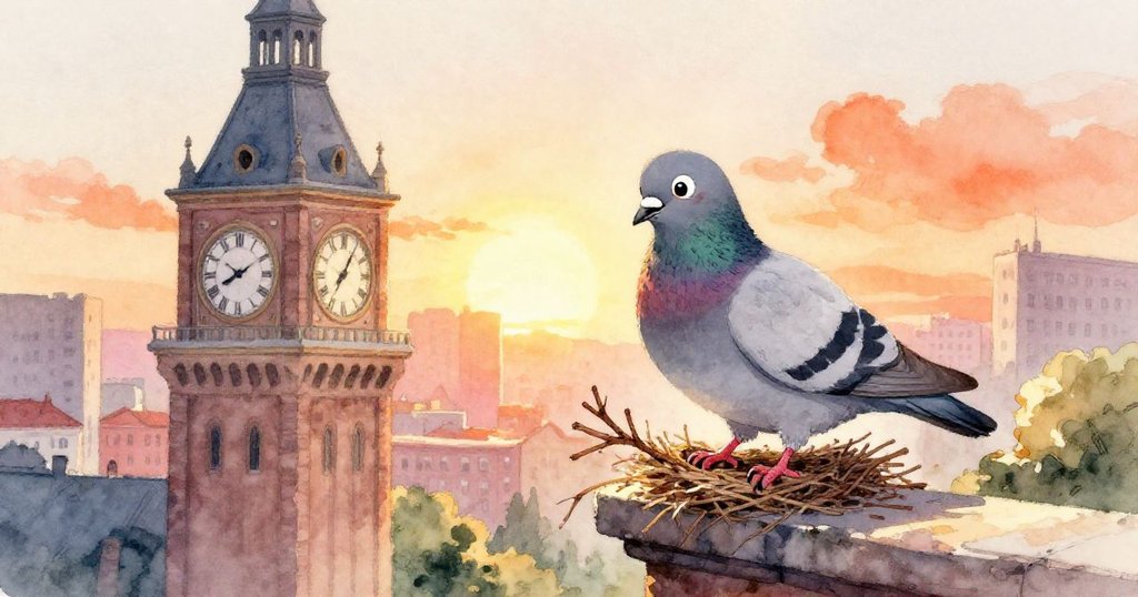 鴿子在鐘塔 ledge 上歡欣鼓舞地將幼枝整理進巢，表情滿足喜悅，背景夕陽下景致溫馨。