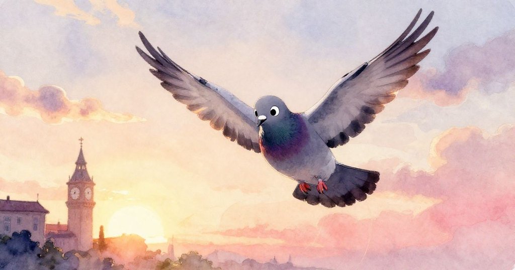 鴿子振翅飛翔向開闊地平線，離開城市公園與鐘塔，充滿希望與冒險精神，背景夕陽燦爛美麗。