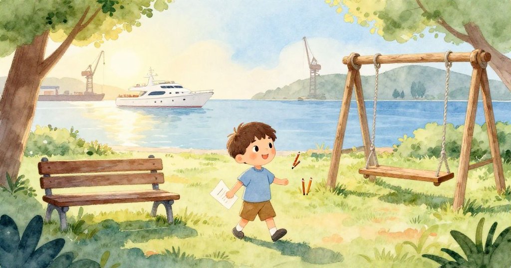 黎奧走向海港公園的長椅,晨光溫柔灑在他身上,背景有白帆船與靜謐起重機,表情平靜充滿期待。