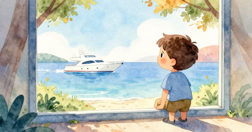 黎奧透過玻璃窗眺望遠處白色遊艇和藍天,窗框內外連接出公園靜謐與晨光溫暖的風景,表情充滿好奇。