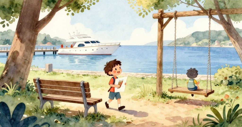 風吹散落的紙張飛舞至鞦韆旁水灘,濕潤的頁面呈現黑色問號,細節刻畫泥沙附著,散發出意外之美。