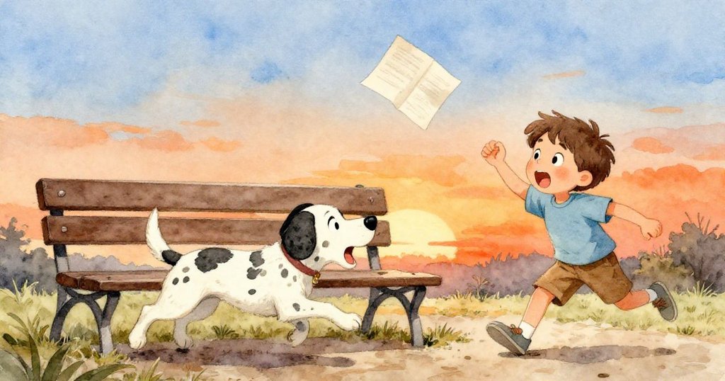 斑點小狗興奮奔向長椅撞翻筆記本,黎奧驚喜微笑,動感畫面展現戶外公園活力與突發意外魅力。