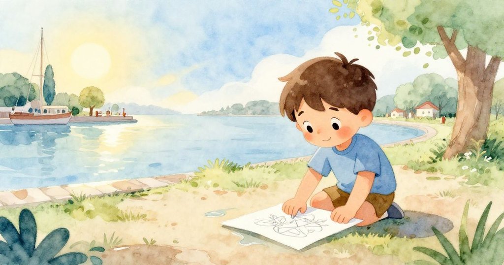 黎奧在海港公園中輕撫濕紙,重新在白頁上描繪創意,滿臉笑容與平和景致展現新開始。