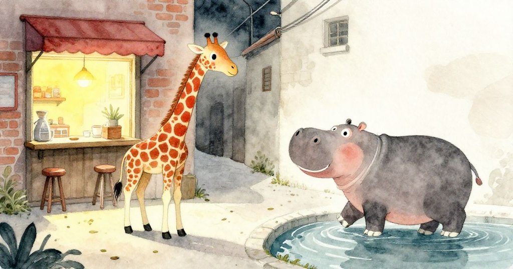 夜晚在小城市餐廳後的巷子,斑駱駝與河馬探索溫暖燈光與堆放落葉的木箱,充滿好奇與期盼。