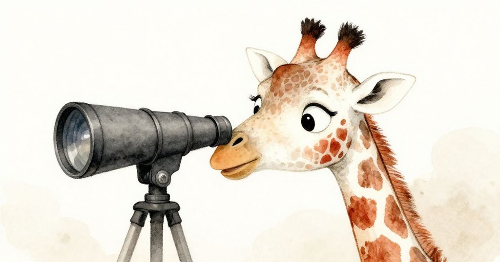 斑駱駝特寫眼睛聚焦倒掛木箱上的望遠鏡,臉上充滿驚奇與好奇,背景暗淡溫和。