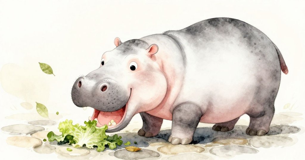 河馬低頭嚐食散落在石板上的生菜,閃光後輕微風起,場景洋溢著驚喜與動感。