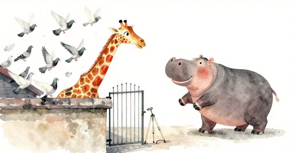 鴿子從屋頂驚飛,開著窄門的金屬桿隨著落下望遠鏡搖晃,動感十足的夜間場面。