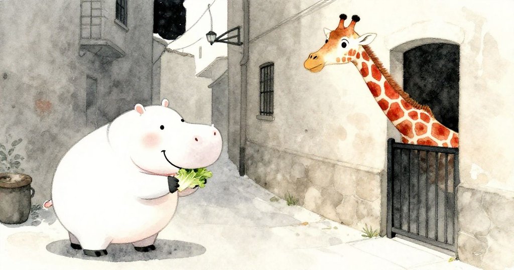 夜晚靜謐恢復,河馬安詳品味散落生菜,斑駱駝探首入門,場景溫馨平和充滿和解。