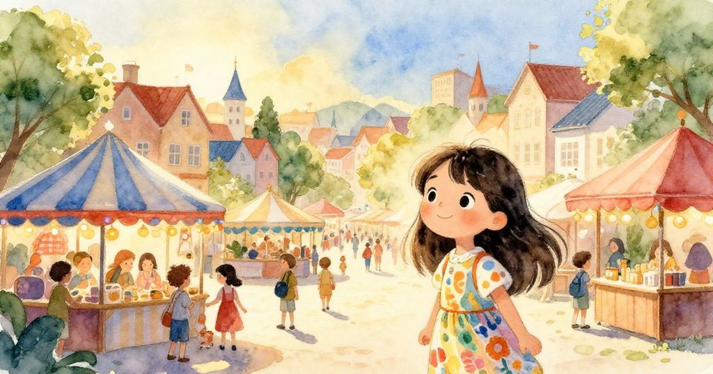 莉娜踏入市集，晨曦映照彩燈帆布與人潮，充滿活力與希望，展開探索之旅。