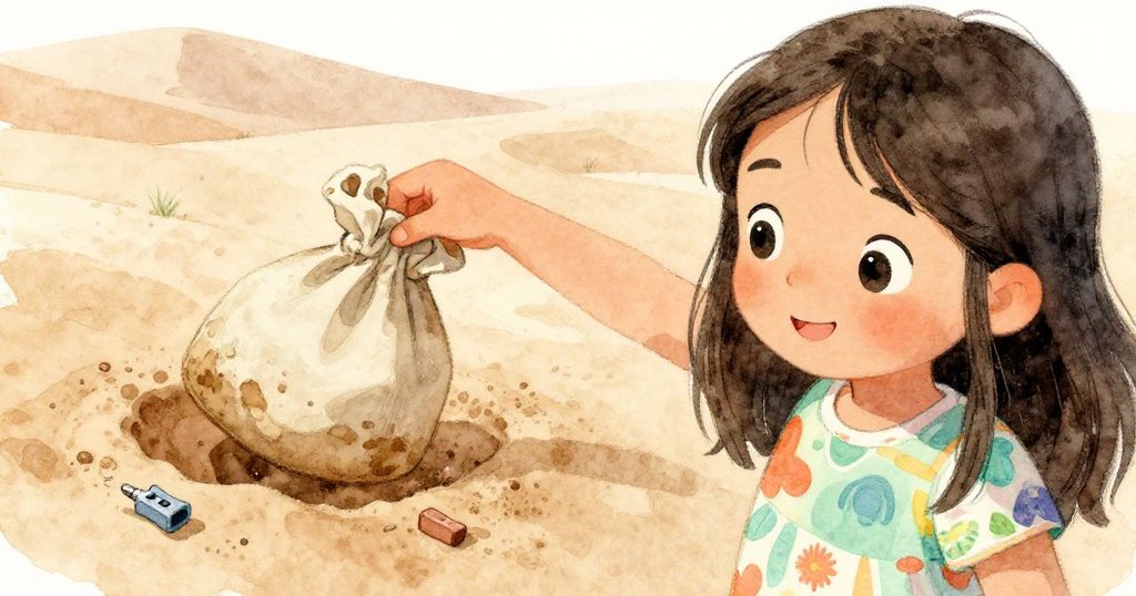 莉娜蹲下伸手撿起掉落背包與削筆刀，手部與沙丘質感細膩，流露出緊張與溫柔。