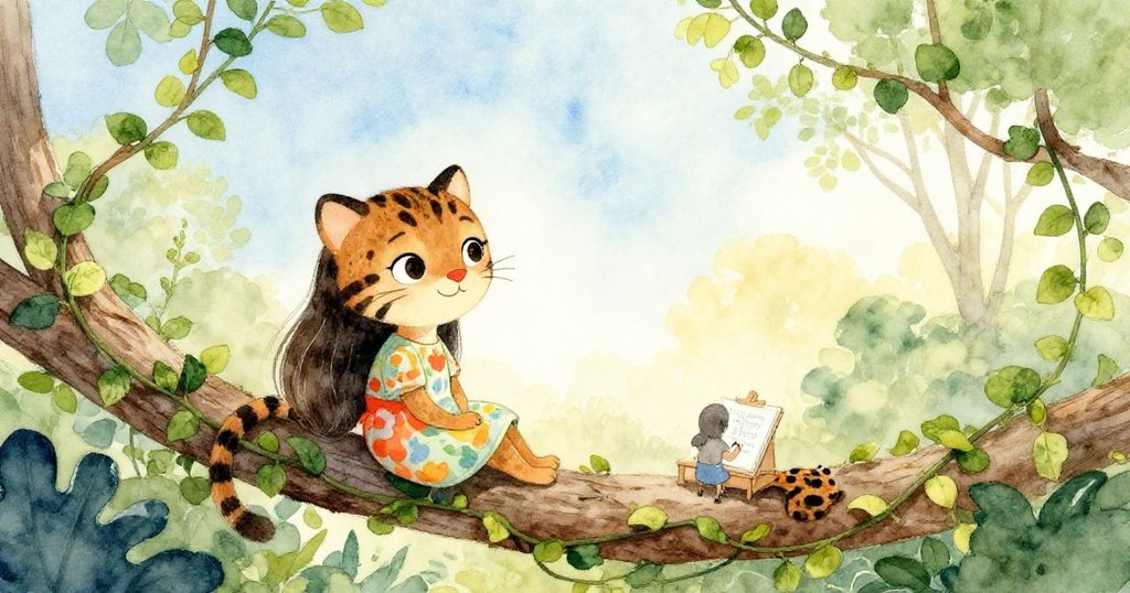 透過豹貓視角呈現分枝上安睡的豹貓，背景假叢林細緻，遠處莉娜專心作畫，畫面靜謐而富詩意。
