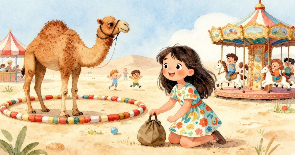 莉娜在帳篷區彎腰撿起背包，旁邊駱駝溫順搖頸，孩童在彩繪旋轉木馬上嬉戲，畫面充滿趣味與活力。