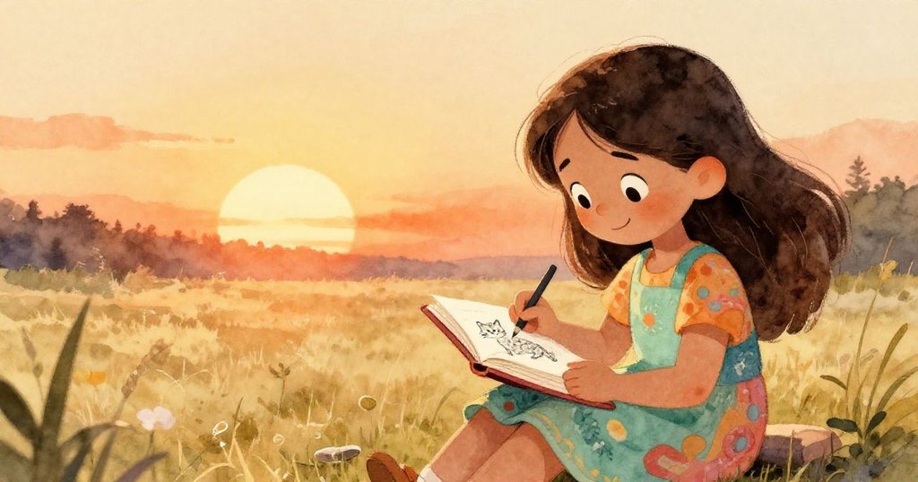 莉娜在夕陽餘暉中靜坐完畢豹貓畫作，旅日誌閉合微笑溫暖，市集呈現溫馨平和結局。