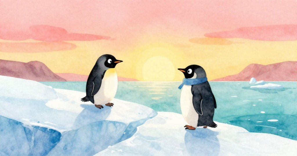 企鵝Penny在寒冷冰川與鹹雪海灘邊踏向閃亮冰脊,晨曦微光灑落,展現期待與堅定神情,開啟新冒險。