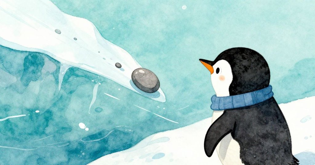 企鵝Penny從身後望向冰脊上滾動的灰色卵石,眼神既驚奇又關切,冰面光滑且閃爍著柔和晨光。
