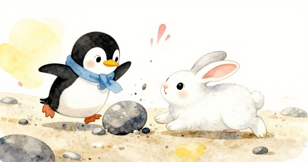 在石灘上,灰色卵石撞上雪兔Snowy,引起柔雪飛舞,企鵝Penny側腹滑行追趕,場面充滿童趣及動感。