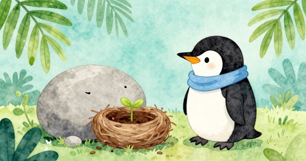 在靜謐中,灰色卵石安置於含苞鳥巢旁,嫩芽初綻,企鵝Penny凝視自然更新,眼中映出希望與沉思,寓意重生。