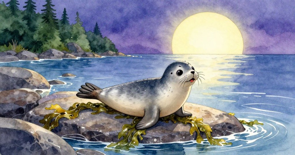 小海豹從乾枯的海藻中探出頭,踏上潮退呈現的平滑岩石,眼神好奇,背景呈現金色夕陽與海濱景致。