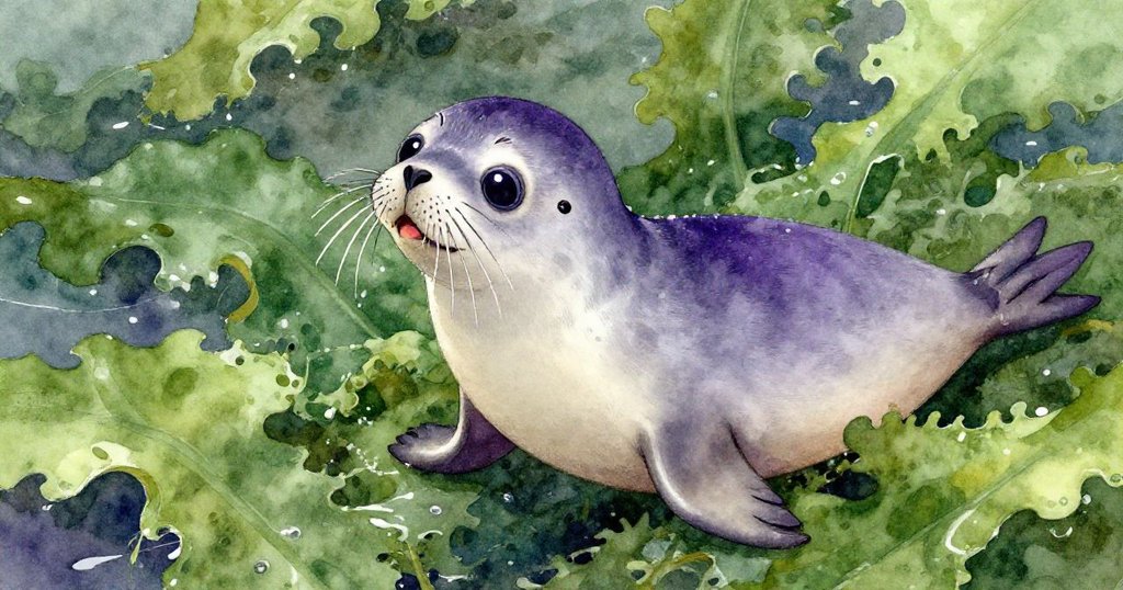 小海豹靜靜嗅著鹹海風,其水汪汪大眼流露出驚奇與專注,背景呈現乾燥海藻與岩石細節。