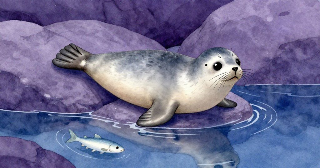 小海豹滑行於波光粼粼的水池上,水面映出牠堅定的身影以及閃亮銀魚,氛圍充滿神秘與期待。