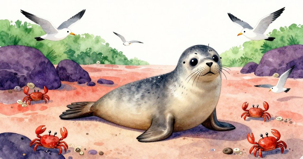 小海豹在夏日明亮光線下穿行於潮退岩石間,小螃蟹穿梭、海鷗盤旋,整體景致充滿生氣與溫暖。