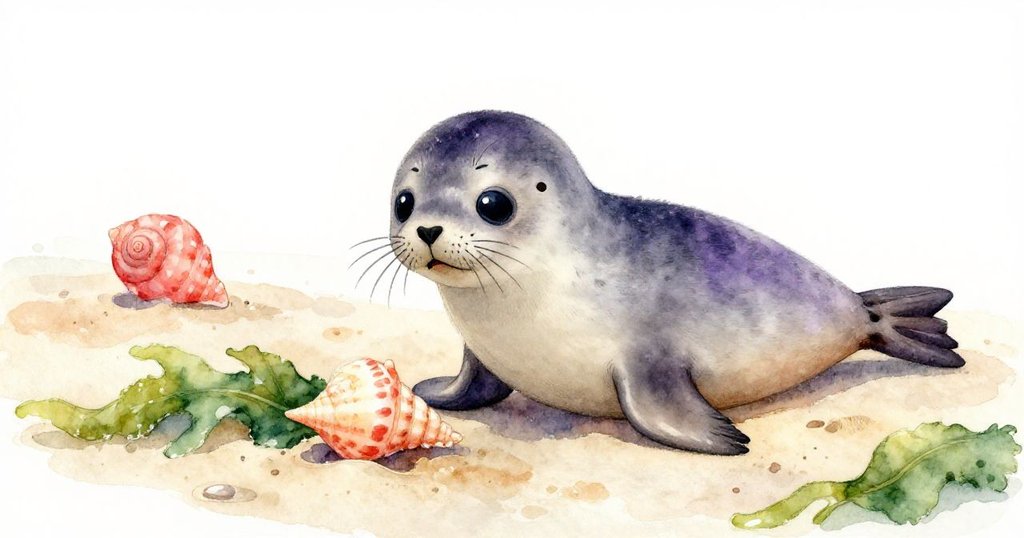 小海豹小心將閃著粉奶色螺旋貝殼推向安全沙灘,海藻靜靜守護著寶貝,呈現溫馨安心的結局。