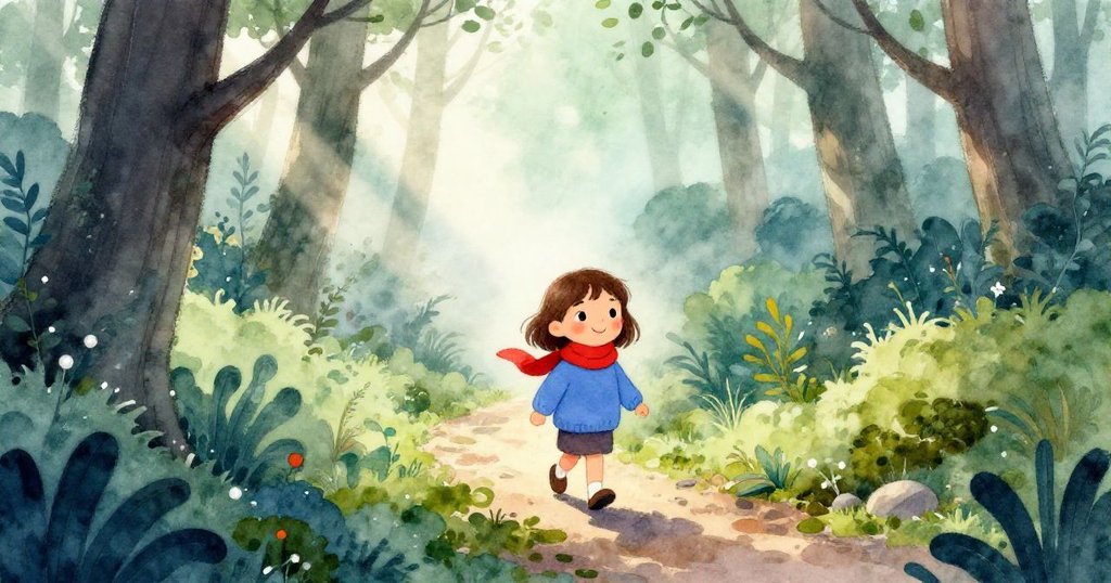 Zoe在清晨霧氣森林中行走，濕潤樹皮與苔蘚環繞，她臉上充滿期待，柔和光線與寧靜氛圍營造出奇幻氣息。