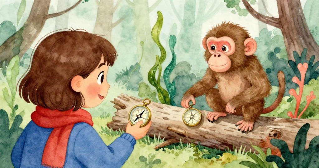 Zoe從肩後觀望，見狒狒在倒木旁輕觸指北針，森林背景中散落枯枝與綠意交織，情緒微妙。