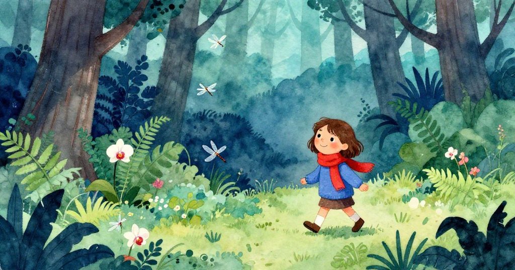 Zoe走入開闊森林空地，蕨類蘭花與蜻蜓環繞，清晨陽光灑下，神情平靜中透著欣喜。