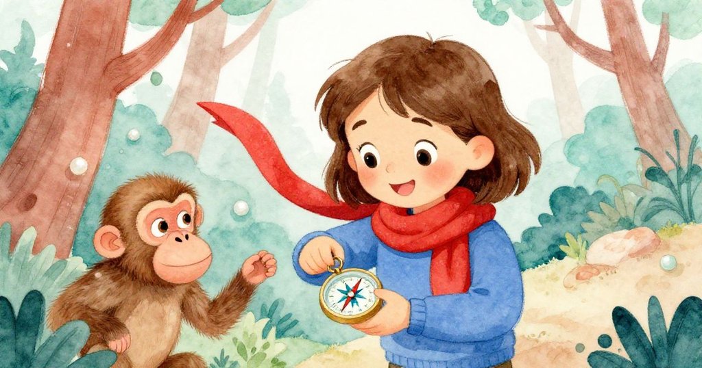 Zoe輕放紅圍巾巧妙轉移狒狒注意，同時取回指北針，兩者互動展現森中溫柔與好奇情感。