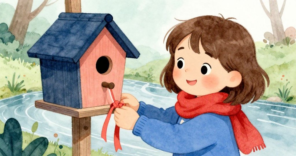 Zoe在溪邊鳥屋前綁上新彩帶，安坐於寧靜自然中，環境融入森林與靜水，臉上流露成就與祥和。