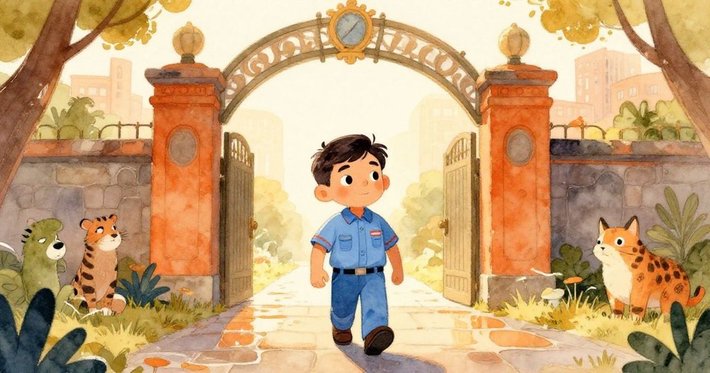 米洛走進動物園入口，手持折疊漁網，晨光灑落濕潤石徑，臉上流露出決心與好奇。