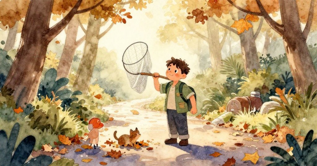 米洛仔細查看濕透漁網，手中觸摸露珠閃亮的網格，細節豐富展現專注神情。