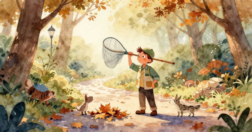 秋葉隨河水漂流，動物園公園的狹窄河面上展現溫暖金黃與柔粉秋意，動態自然。