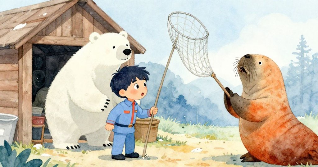 米洛發現工具柱，極地熊輕觸玻璃，海象協助撐起下垂濕網，各方互動展現驚喜與合作。