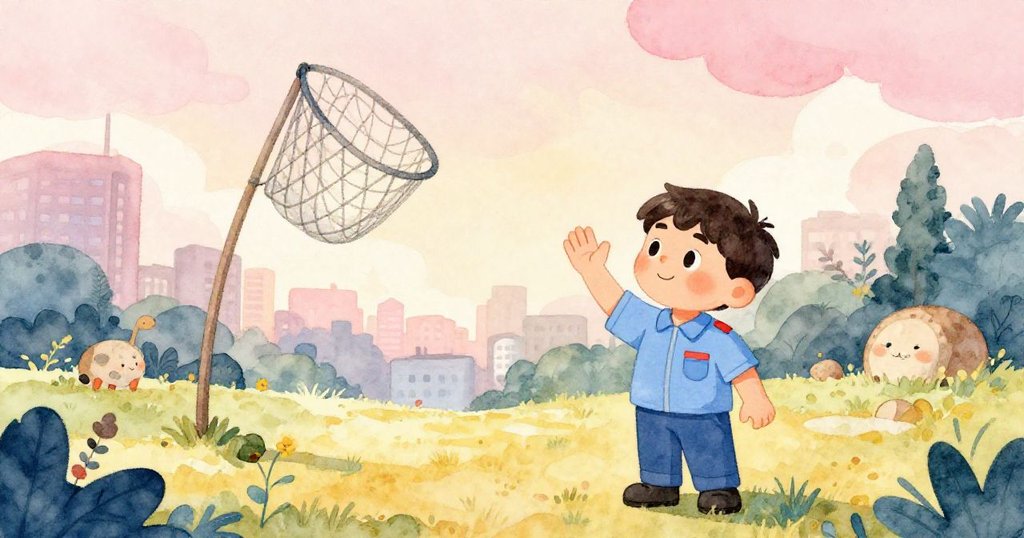 米洛滿臉喜悅揮手告別，背景柔和雲彩與金黃光暈映襯下濕透漁網，展現圓滿解決任務的溫馨情景。