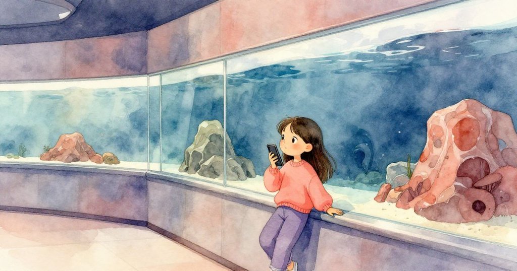 瑪雅靠在水族館扶手旁，手握手機，靜靜望向曲面玻璃後深藍海水翻湧，神情充滿期待與好奇。