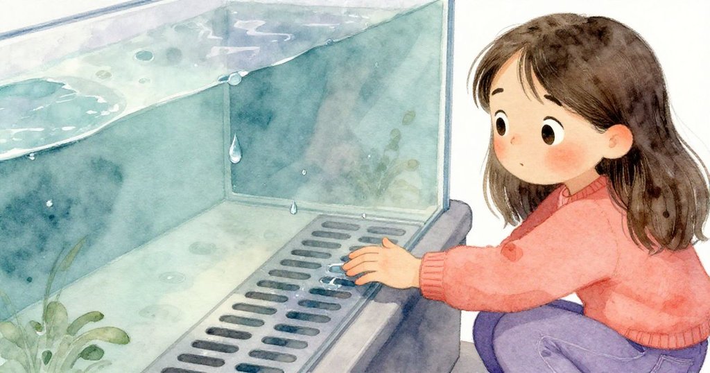 瑪雅蹲在排水孔旁，手觸冰冷金屬格柵，水珠閃爍，細節豐富，神情專注且好奇，故事剛起步。