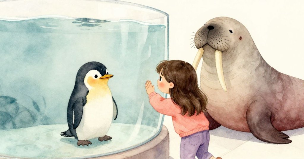 瑪雅透過曲面玻璃捕捉倒影，手機中顯現企鵝與海象互動，她驚喜凝視，情節逐步推向高潮。