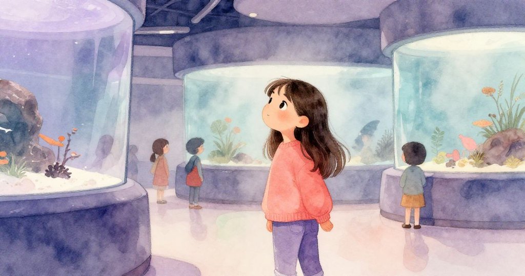 瑪雅與觀眾在水族館內尋找季節氛圍，輕風吹動環境，大家流露驚奇神情，故事逐步發展。