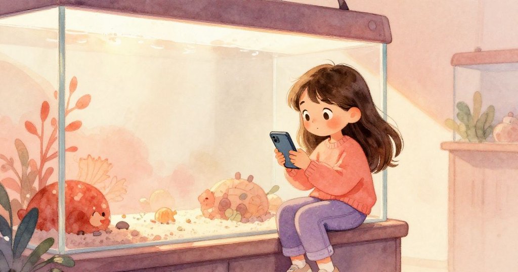 瑪雅坐在水族館中，窗外夕陽金光透入，回顧手機中奇妙瞬間，神情滿足寧靜，故事徐徐落幕。