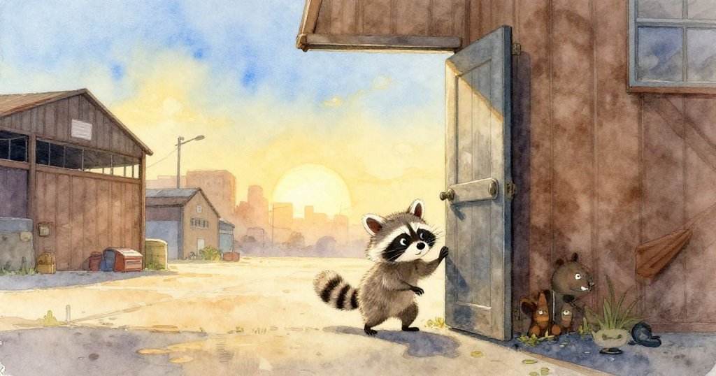 小浣熊在晨曦中靠近半敞開的倉庫門，充滿好奇與期待，背景顯現溫暖金色城市光影。