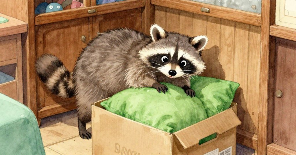 小浣熊仔細嗅試綠色軟墊與捐贈箱物，表情充滿驚奇與探索，細節豐富展現家具特寫。