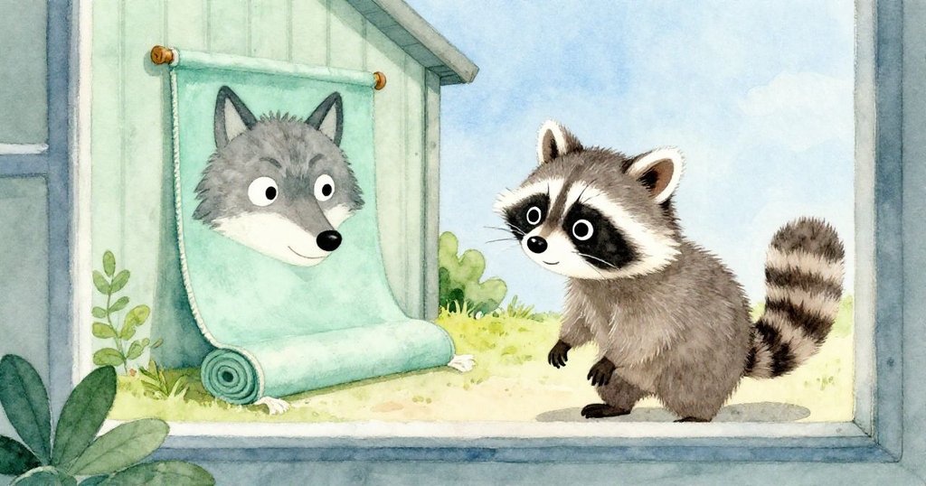 小浣熊注視著帶狼臉圖案的移動地毯，觸摸並測試其質感，窗外晨光映襯內景。